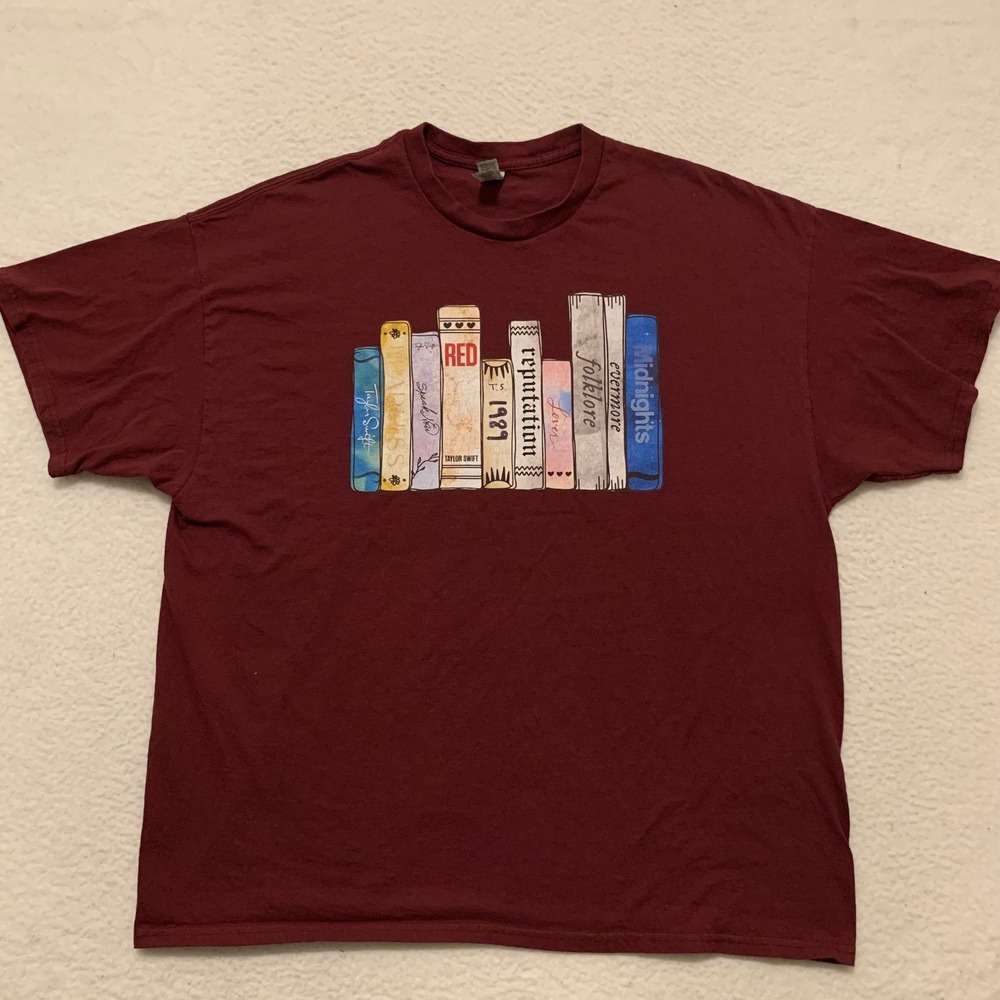 Taylor Swift Eras Book Spines Graphic T-Shirt Unisex 2XL Heavy Cotton Maroon
